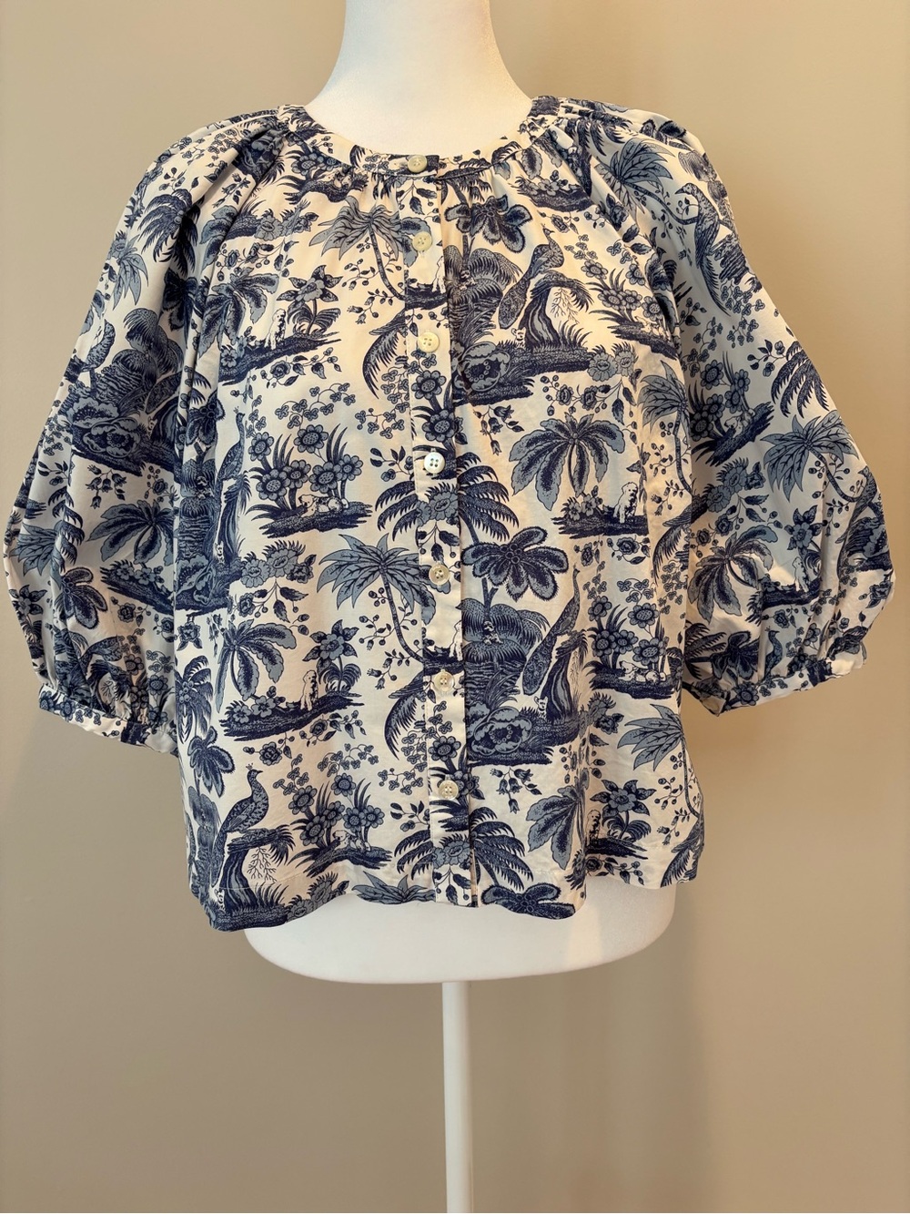 Staud Short Puff Sleeve Cropped Top Womens Medium Blue/White *Like New Condition